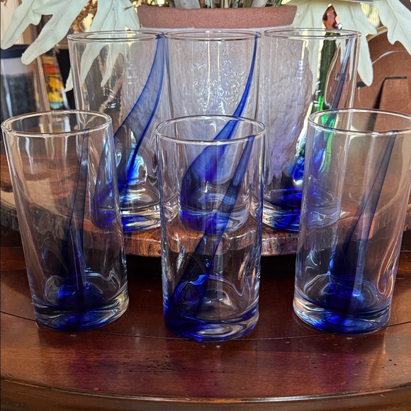 6 Blue Swirl Glass & Thumb Imprints Tumblers - Picture 1 of 4